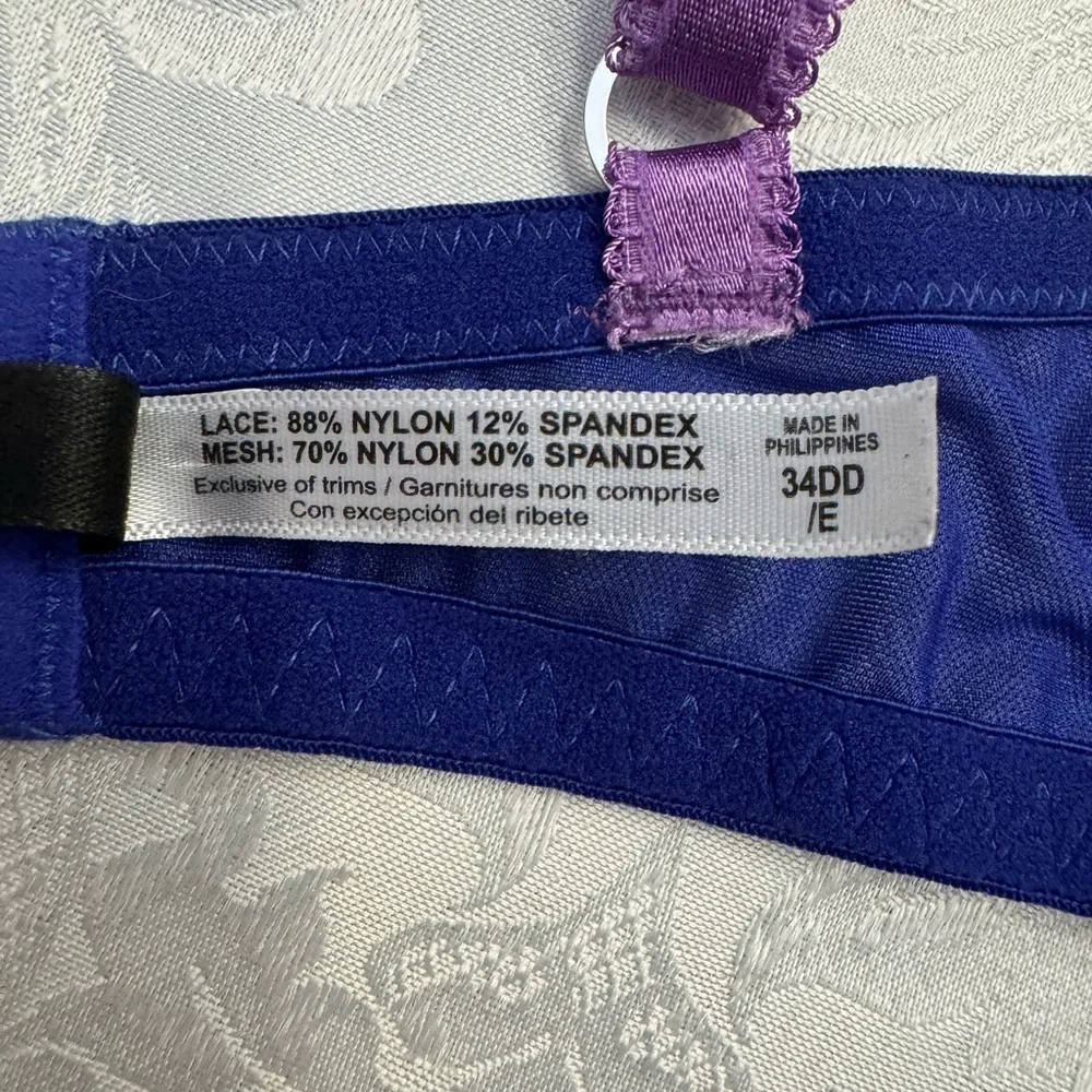Adore Me‎ Hannah Bra Unlined Balconette Size 34DD Blue Purple Lace Underwire